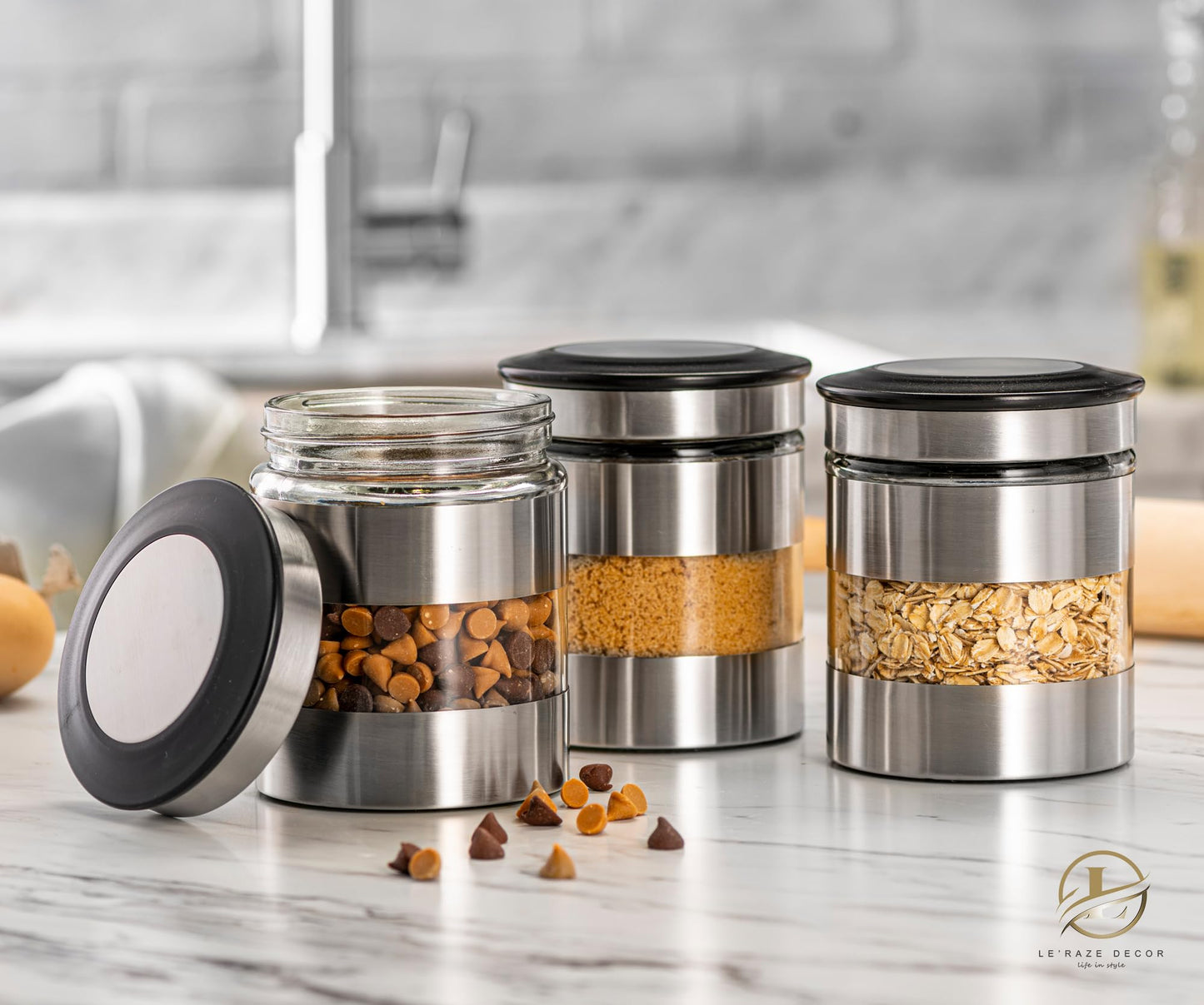 Le'raze Quality Stainless Steel Canister Set of 3 for Kitchen Counter with Glass Window & Airtight Lid - Food Storage Containers with Lids Airtight - Pantry Storage and Organization Set