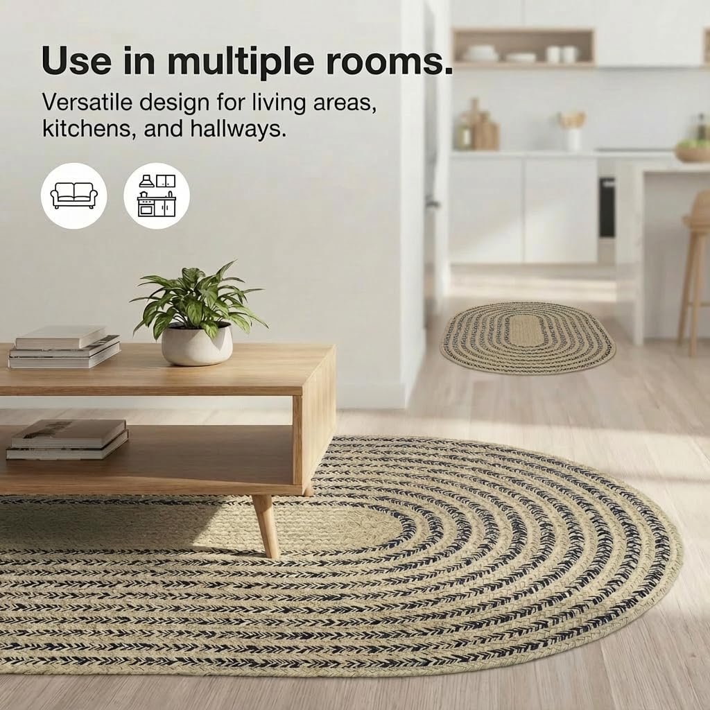 Cotton Braided Rug - 20" X 30" Beige and Navy Oval Woven Farmhouse Rug for Bathroom - Braided Minimalist Rugs for Kitchen - Rustic Primitive Rugs for Entryway