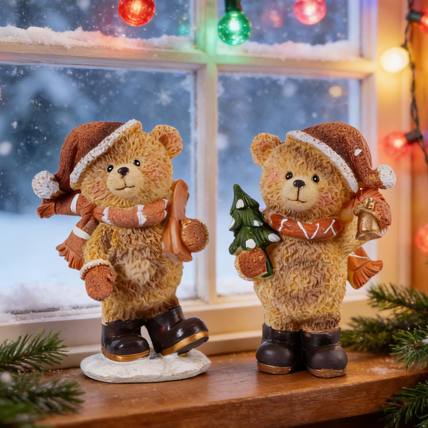 Brizoria Set of 2 Small Teddy Bear Figurines Resin Christmas Bear Decor Winter Tabletop Statue Cute Animal Teddy Bear Decorations for Home Mantel Shelf Living Room Little Bears Ornament