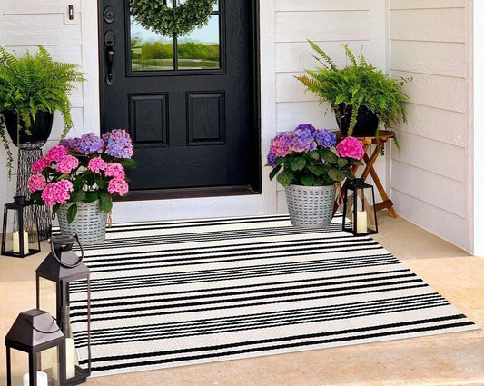 BUAGETUP Black and White Outdoor Rug 3'x 5' Cotton Woven Washable Rug Striped Front Porch Rug Area Rug Floor Mat for Farmhouse/Layered Door Mats/Living Room