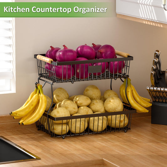 Astrorhine 2 Tier Fruit Basket for Kitchen Counter with 2 Banana Hangers, Countertop Metal Bread Basket with Wooden Handle, Large Storage Stand for Vegetables, Snacks, Eggs, Produce Storage – Black