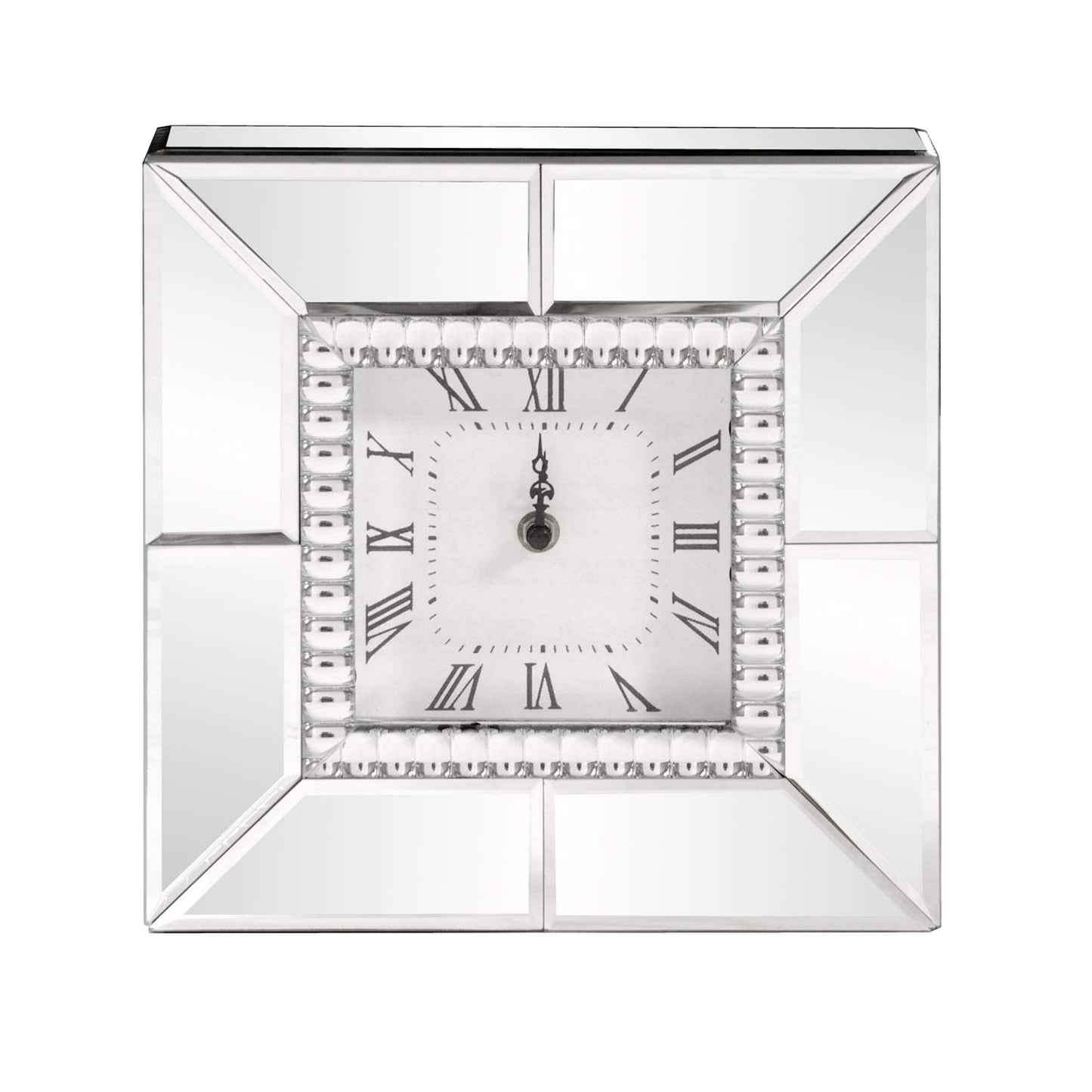 Howard Elliott Collection Mirrored Finish Table Clock with Beaded Glass Trim, Decorative Silver Mirror Clock for Office, Desk or Bedside Table, Gift for Wedding, Anniversary and Birthdays 10 x 10 Inch
