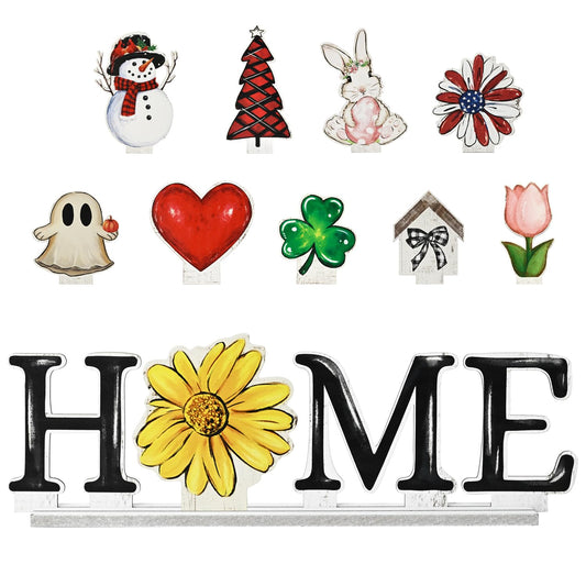 Smile Interchangeable Home Table Signs, Spring Easter Tulips Bunny with 10 Pcs Seasonal Icons, Wooden Sign Decor, HOME Letter Sign Ornaments Set Decorative Shelf Blocks