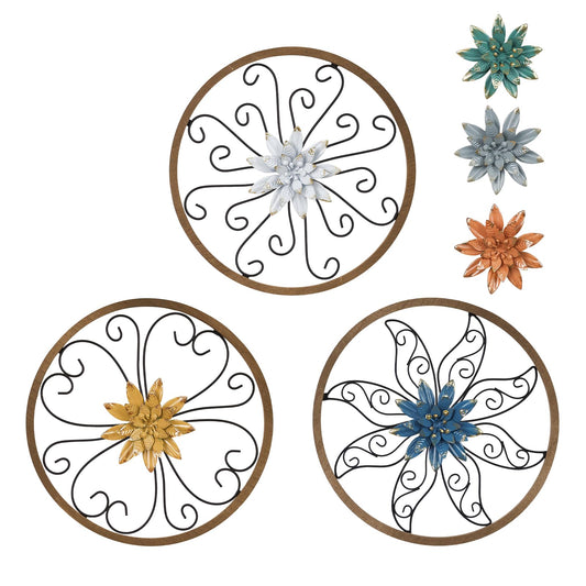 hogardeck Metal Flower Wall Decor - 3 pcs 11" Metal Wood Floral Wall Decoration with 6 Piece Interchangeable Flowers, Hanging Rustic Wall Art for Bedroom, Living Room, Bathroom, Kitchen