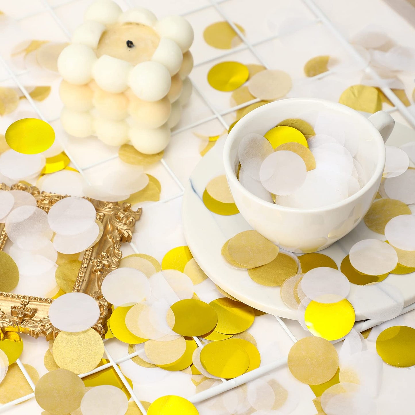 TecUnite White Gold Confetti Round Tissue Paper Table Confetti Dots for Wedding Birthday Party Decoration Arts Craft DIY Scrapbooking, 1.76 oz (2.5 cm)