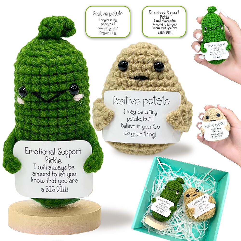 CrazyHome Positive Potato, Emotional Support Pickle Combo | Handmade Crochet Positive Vegetables 2PCS Set - Potato, Mini Cucumbers | Cheer-Up, Motivational, Funny Desk Décor
