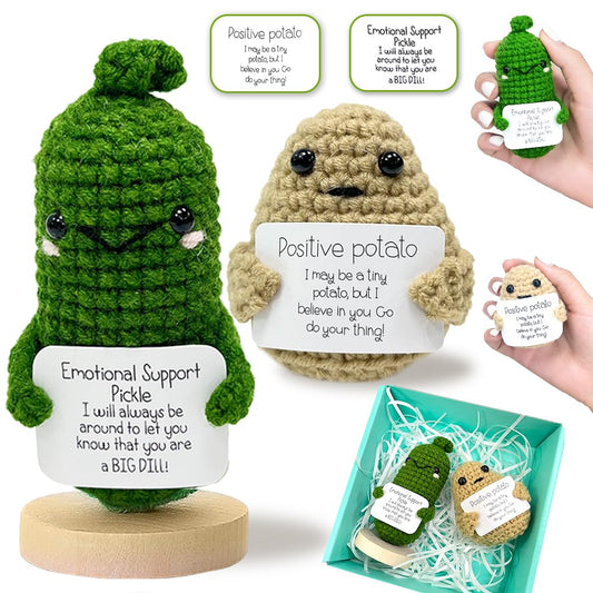 CrazyHome Positive Potato, Emotional Support Pickle Combo | Handmade Crochet Positive Vegetables 2PCS Set - Potato, Mini Cucumbers | Cheer-Up, Motivational, Funny Desk Décor