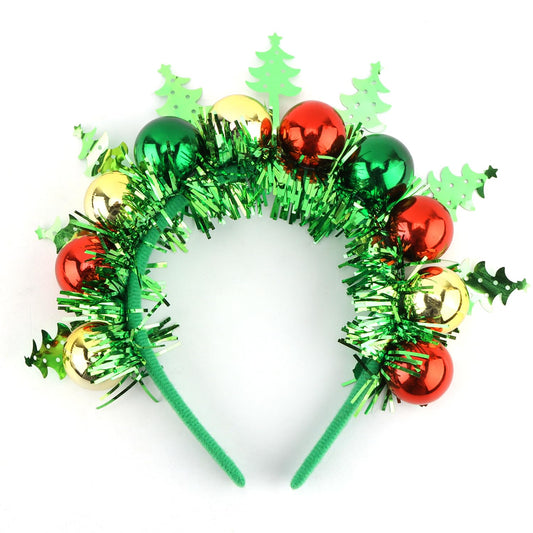 SuPoo Christmas Headbands for Women Christmas Tree Holiday Ball Bell Headbands Xmas Retro Disco Outfit Costume Accessories Iridescent Tinsel Green Hairband Metallic Hair Hoop for Party New Years