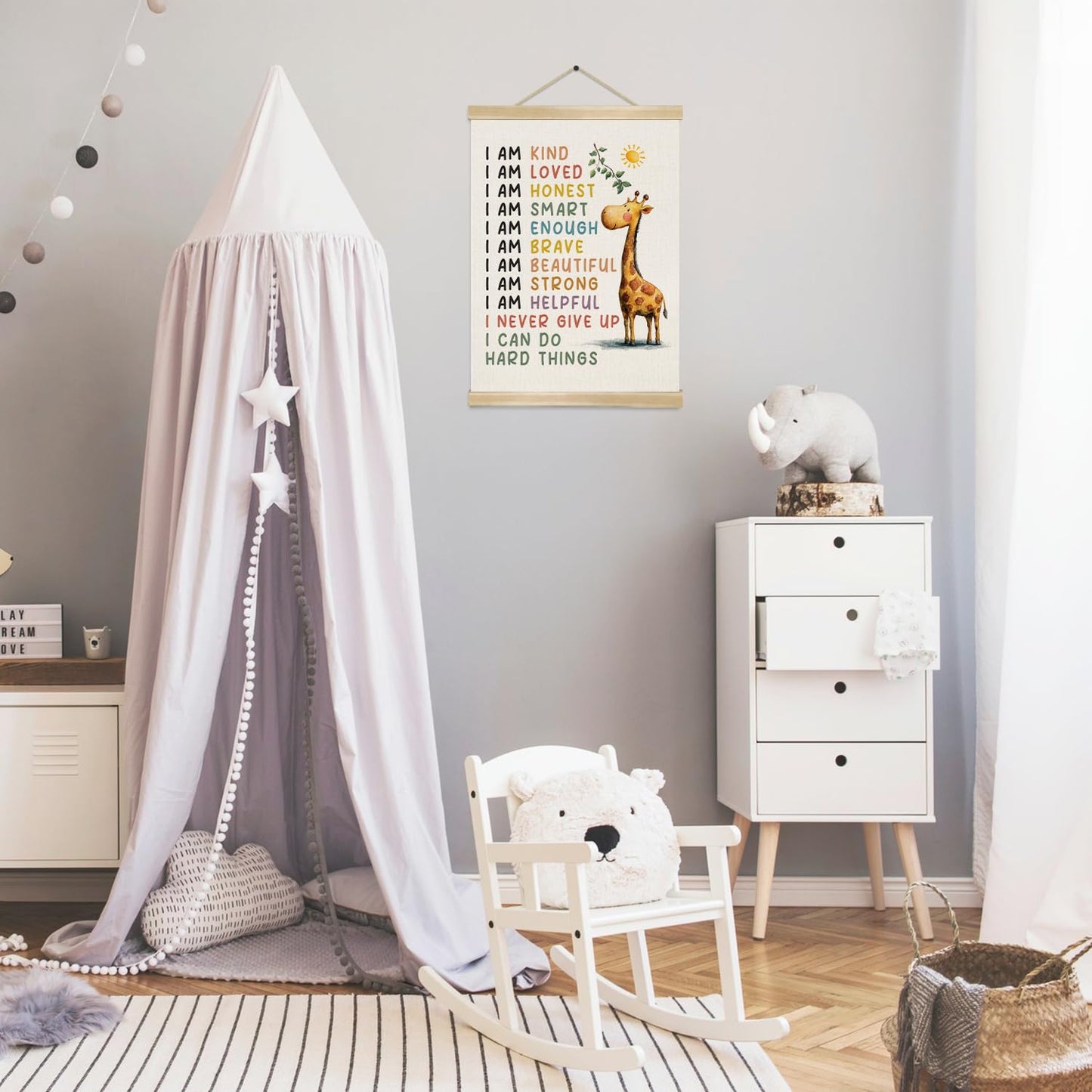 Positive Affirmations Wall Art Decor– I Am Kind,I Am Strong Canvas Poster with Giraffe Pattern, Motivational Wall Hanging Decor for Classroom Nursery Playroom,Kids Room Decor 14.5x18Inch(Je03)