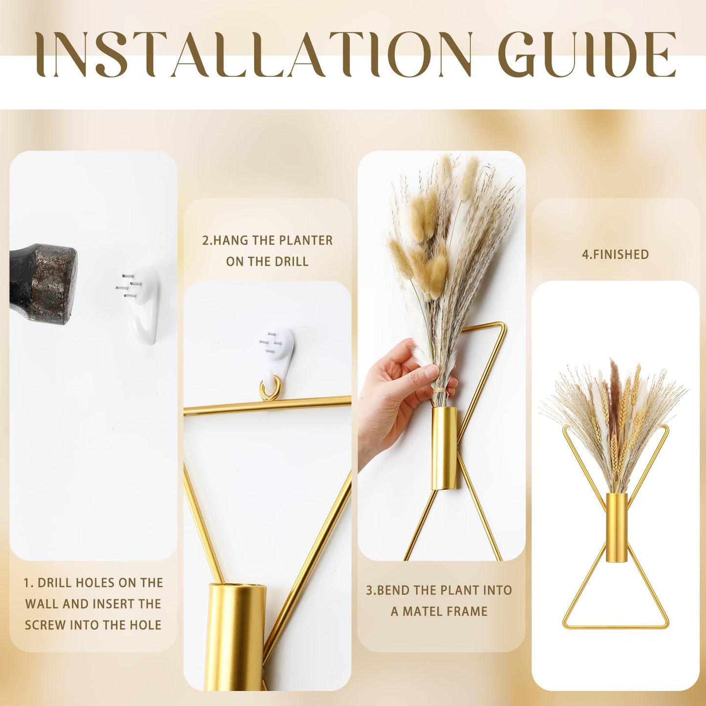 Peryiter 2 Pcs Boho Gold Wall Decor Metal Wall Art X Shaped Hanging Planters with Artificial Pampas Modern Home Gold Bathroom Decor for Bedroom Living Room