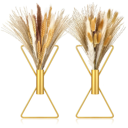 Peryiter 2 Pcs Boho Gold Wall Decor Metal Wall Art X Shaped Hanging Planters with Artificial Pampas Modern Home Gold Bathroom Decor for Bedroom Living Room