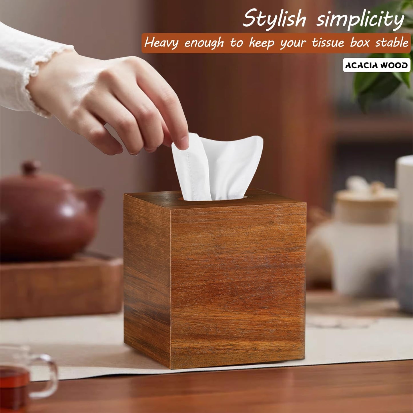 BIBELUN Square Tissue Box Cover,Acacia Wood Tissue Box Holder for Desktop Nightstand Bathroom Office,Decorative Facial Tissue Cube Box Cover/Organizer for Modern Home Decor
