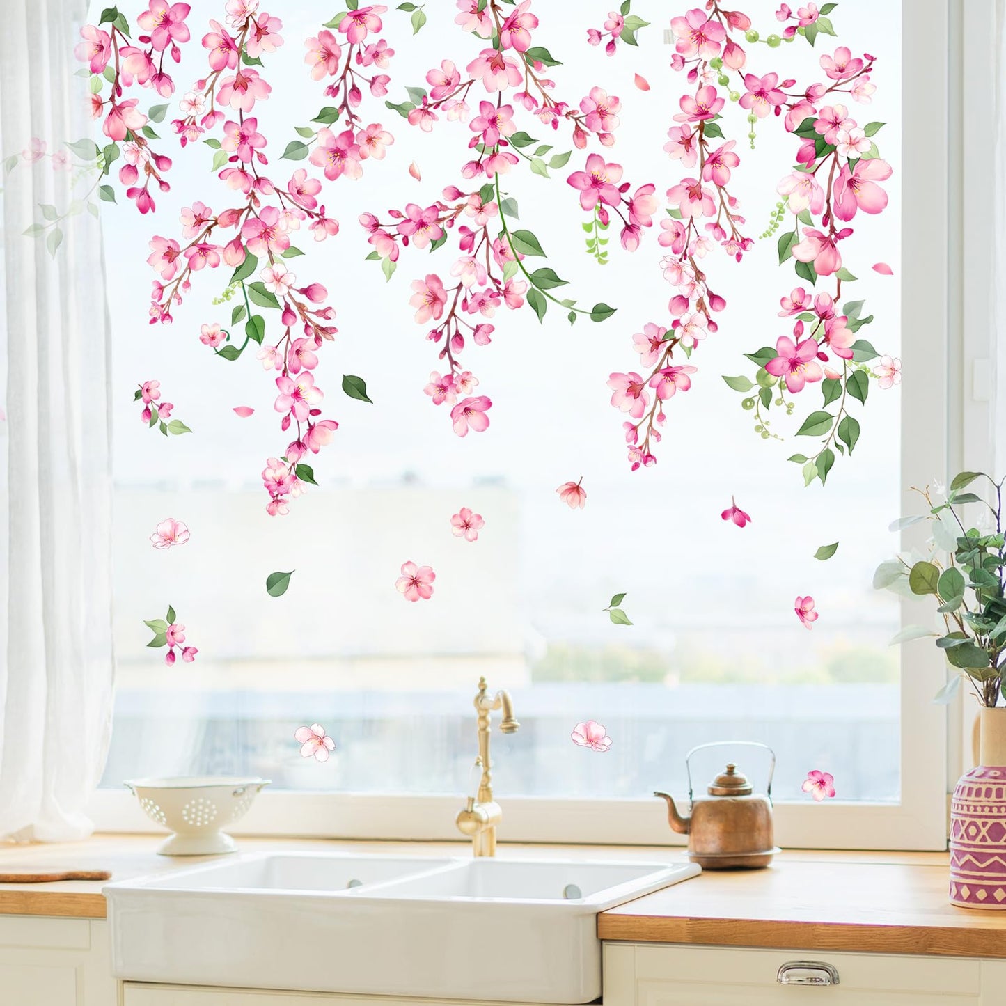 Supzone Spring Cherry Blossom Flowers Window Clings Valentine's Day Pink Hanging Flower Window Decals Anti-Collision Static Stickers for Women Girls Room Decor