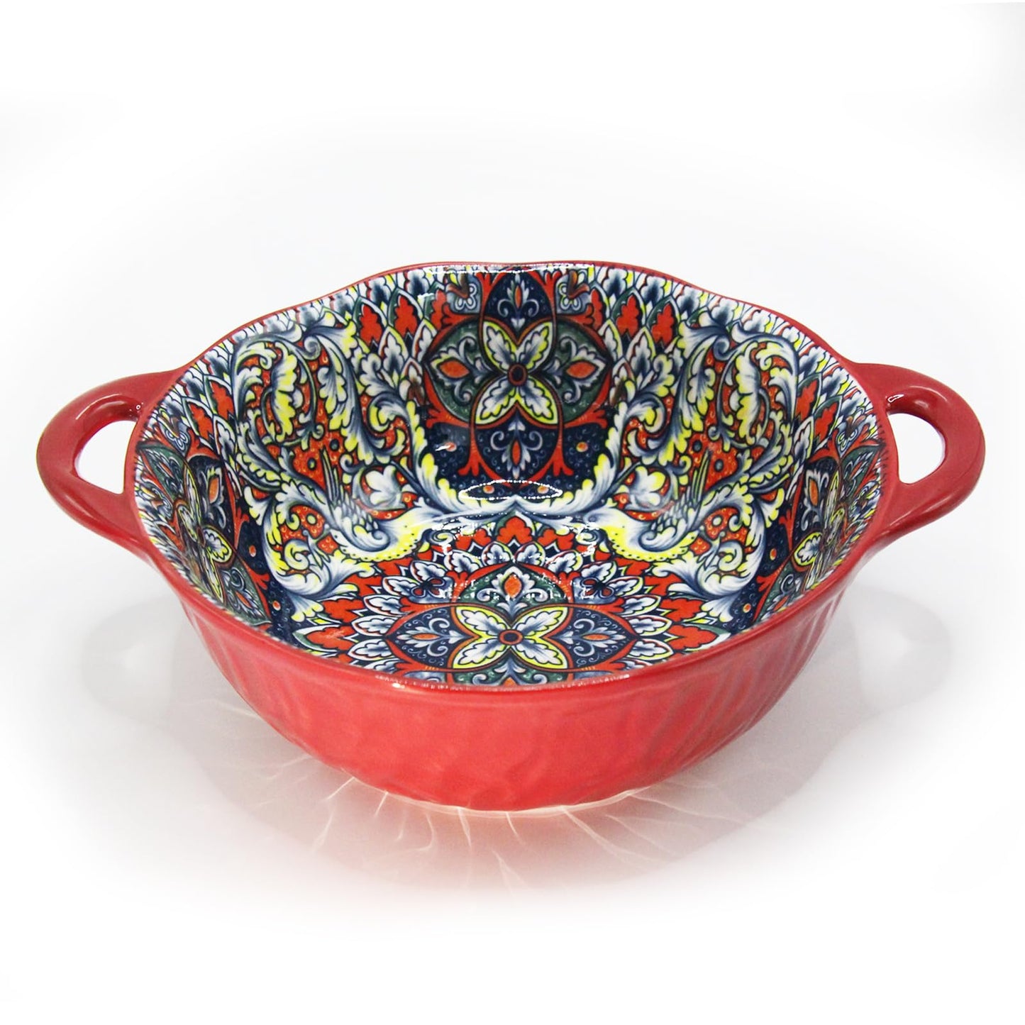 Ronanemon Bohemia Large Bowls with Handle, 40 oz Ceramic Soup Bowl for Salad, Pasta, Cereal,Fruit, Udon, Microwave & Dishwasher Safe (Red)