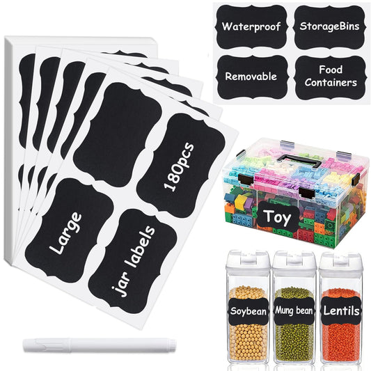 NCANBUS 180PCS Chalkboard Labels-3.4" x 2.1" Large Size Reusable Blackboard Stickers with 1 Liquid Chalk Markers for Mason Jars, Storage Bins,Craft Rooms,Food Containers and Pantry Storage