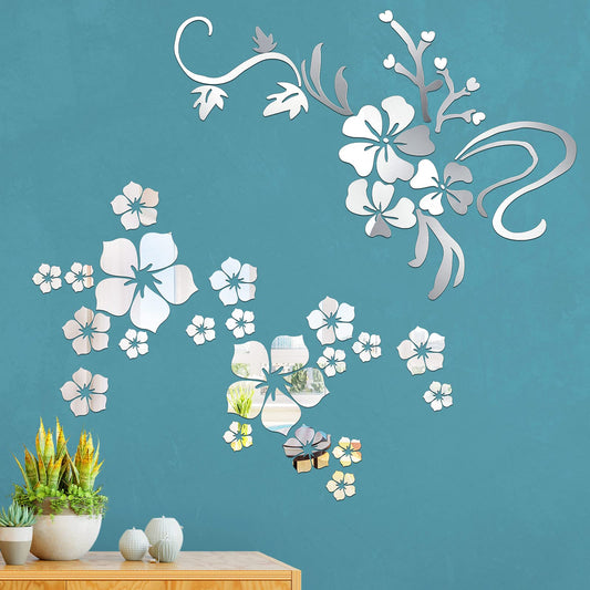 53 Pieces 3D Acrylic Mirror Floral Wall Sticker 3D Sakura Mirrors Wall Sticker Adhesive Removable Silver Mirrors Decal 3D Flower Art Decor Decal for Living Room Bathroom Office Dorm Windows Doors