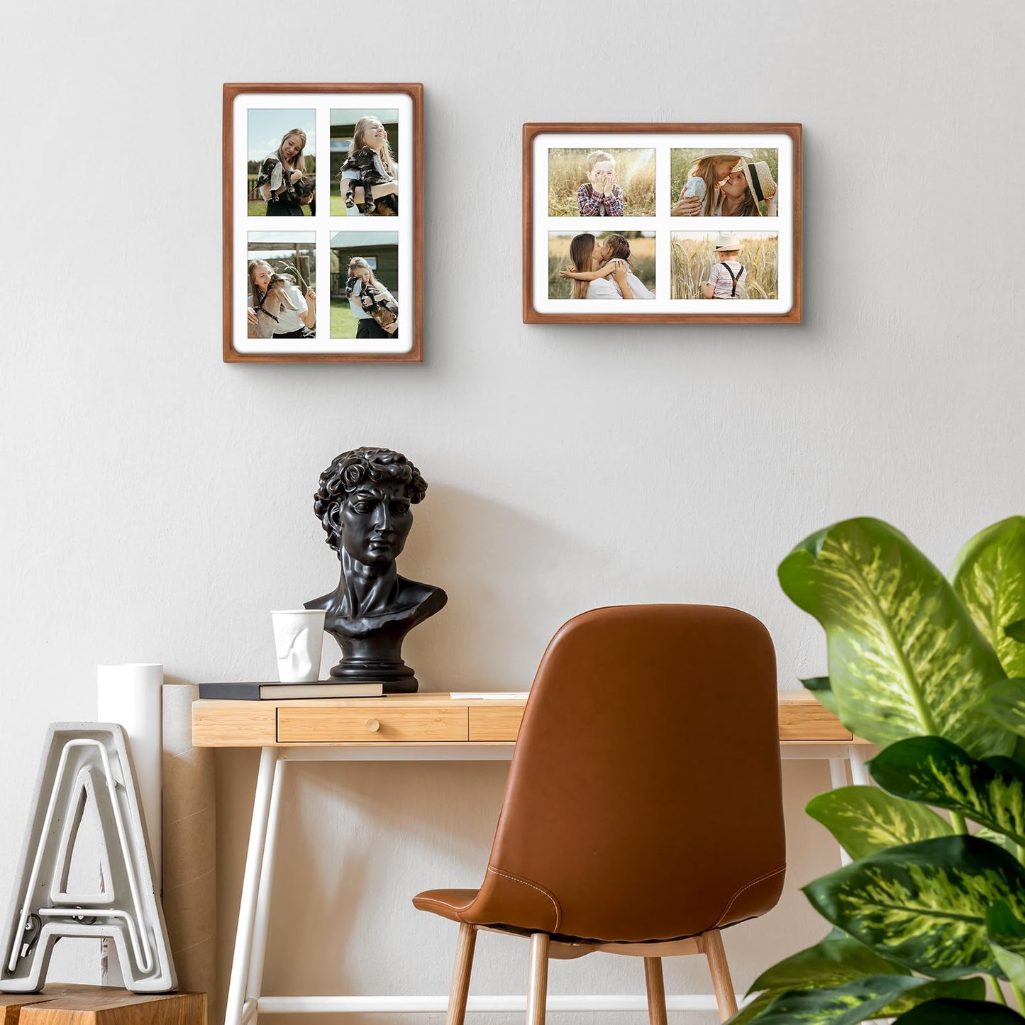 Golden State Art, 4x6 Collage Picture Frame - Solid Wood with Real Glass - Multi Picture Frame for (4) 4x6 Photos or One 9.5x13.5 Print - Rounded Corner Design - Collage Wall Decor - Brown