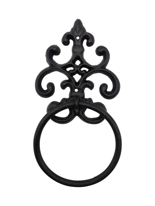 Comfy Hour Victorian Scroll Decorative Towel Ring, Heavy Duty Cast Iron Hand Towel Holder for Bathroom, Vintage Rustic Wall Mounted Metal Hanger, Aged Old Fashioned Black, 1 Unit