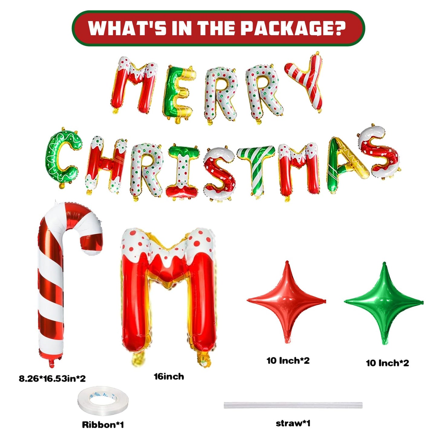 FunHot Merry Christmas Balloons Banner, Donut Merry Christmas Foil Balloons, 16 Inch Xmas Letter Balloon with Mini Candy Cane Green Red Star Balloon for Xmas Indoor Outdoor New Year Party Decor