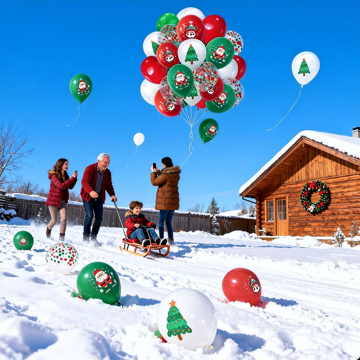 LAOREI Christmas Party Balloons Decorations 60PCS,12 Inch white Red Green Santa Claus Confetti Balloons for Kids Christmas Birthday Bachelorette, Santa, Snowman Party Decorations
