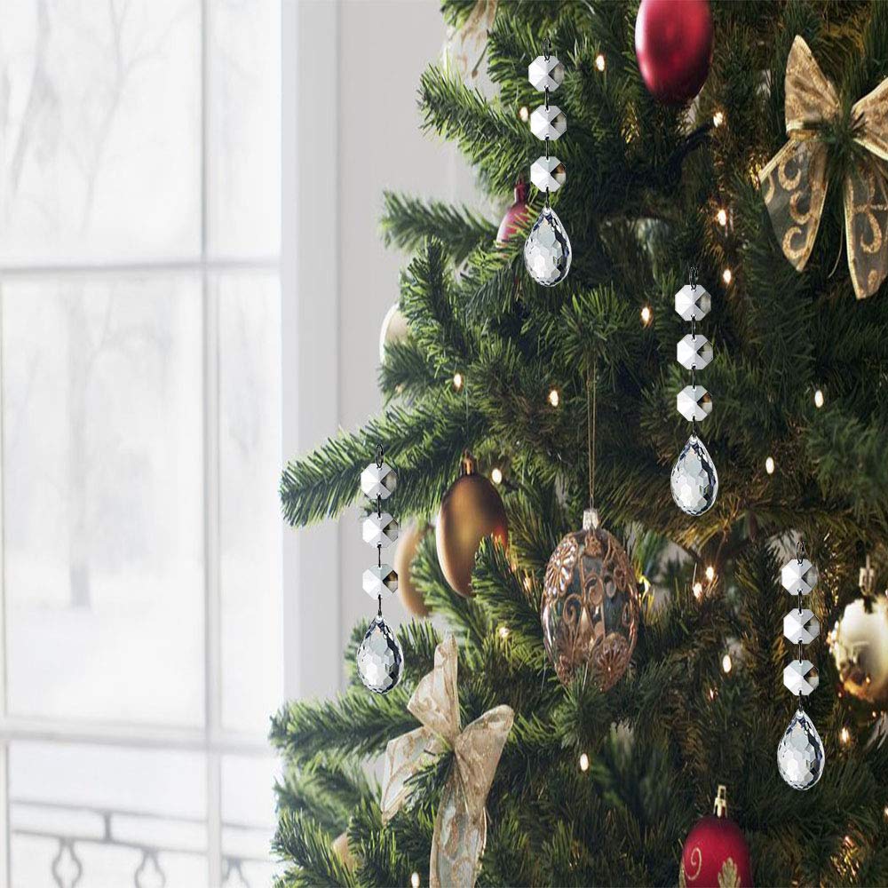 HOHIYA 30 Pcs Crystal Christmas Tree Ornaments Acrylic Hanging Prisms and Garland Beads Lightweight Holiday Decoration for Christmas Wedding Centerpieces Party and Chandelier Sparkle Clear
