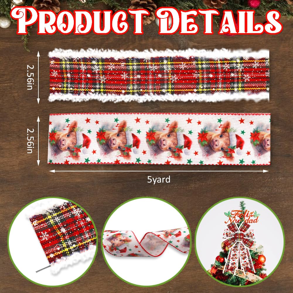 On-Airstore 2 Rolls Christmas Fabric Ribbons 5 Yards Calf Star Plaids Fluffy Ribbons Xmas Burlap Linen Decor Ribbon for New Year Party Gift Wrapping Indoor Outdoor Craft Hanging Decoration Supplies