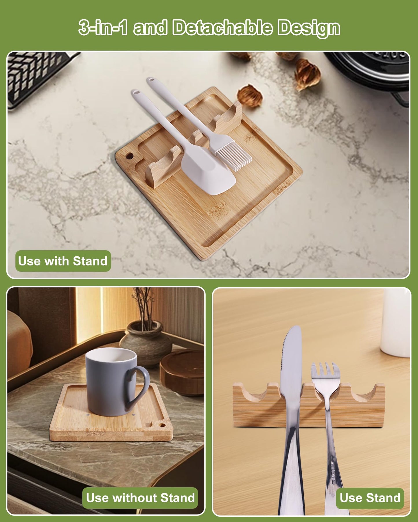 Spoon Rest for Stove Top, Bonfixe Magnetic Kitchen Utensil Rest, Heat-Insulation Bamboo Spoon Holder, Removable Kitchen Utensil Holder for Multiple Spoons, Ladles, Spatulas