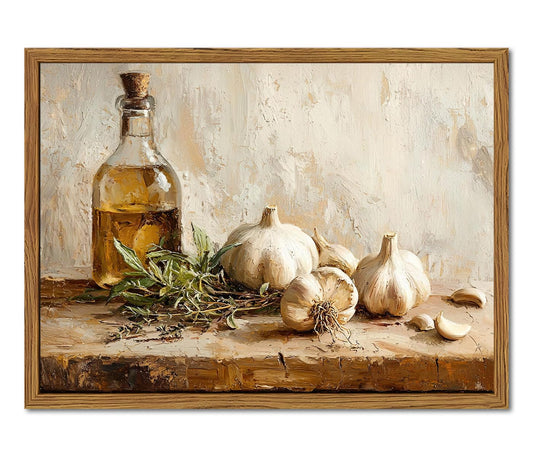 Framed Vintage Kitchen Canvas Wall Art, Rustic Garlic and Herbs Pictures Wall Decor, Neutral Still Life Paintings Prints Aesthetic Home Decor for Farmhouse Dining Room Living Room 12x16 inch