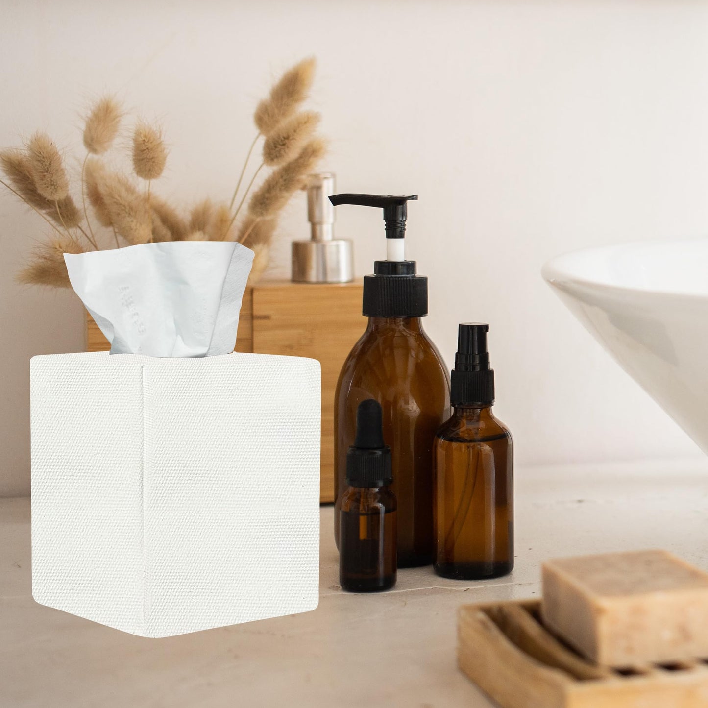 Tissue Box Cover, Cute White Linen Fabric Decorative Square Tissue Box Holder/Organizer for Bathroom Vanity Countertop/Office/Nightstand/Desk