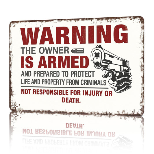 Vintage Signs Poster Inspirational Metal Wall Art Vintage The Owner Is Armed Metal Warning Sign - Humorous Wall Decor for Office Dorm Room Bar Garage Decor 8X12inch