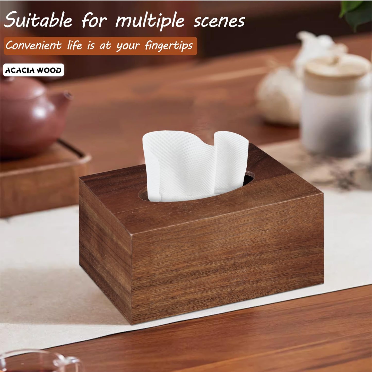 BIBELUN Tissue Box Cover,Acacia Wood Tissue Box Cover Rectangle with Slide-Out Bottom,Wooden Decorative Cube Facial Tissue Holder/Organizer/Dispenser for Bathroom,Office Desk & Bedroom Decor