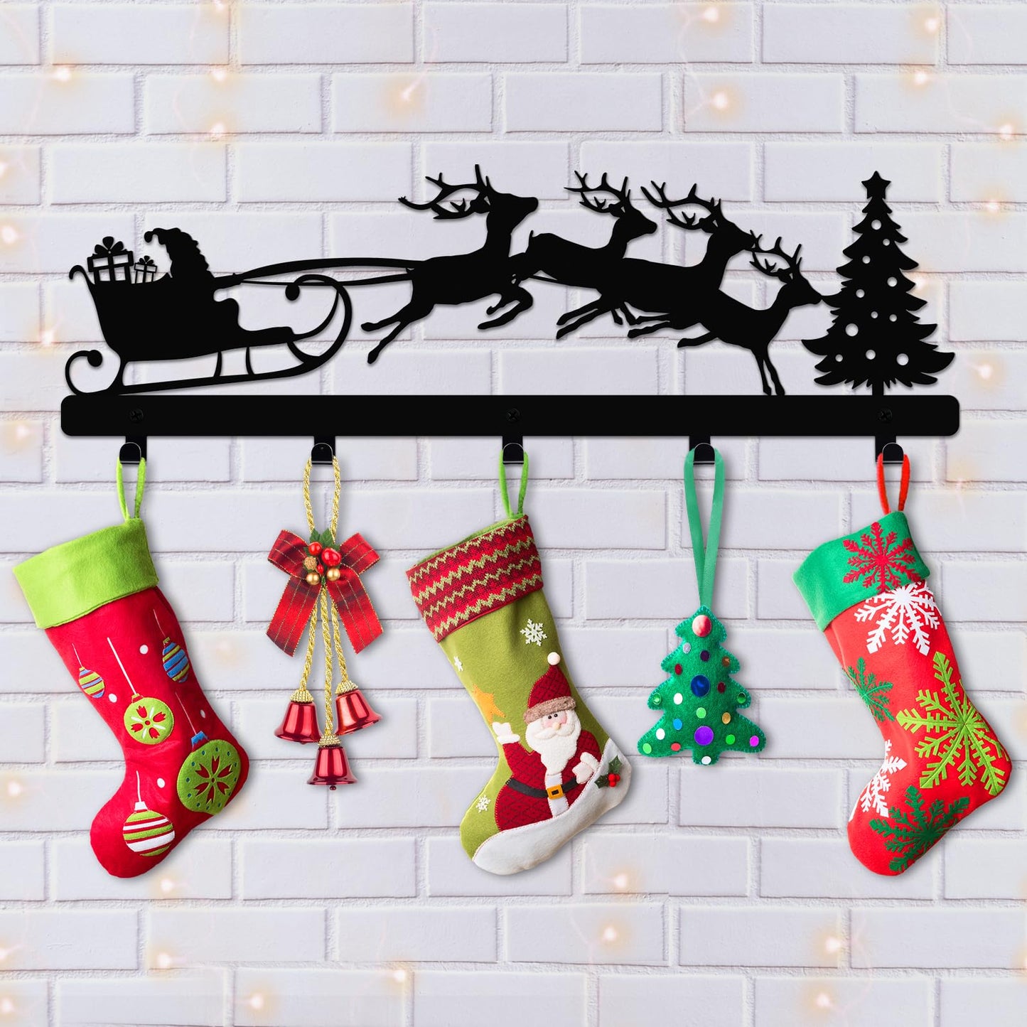 POILKMNI Christmas Stocking Holder, Metal Hanging Sign with 5 Hangers for Fireplace Mantel, 17 Inch, Black