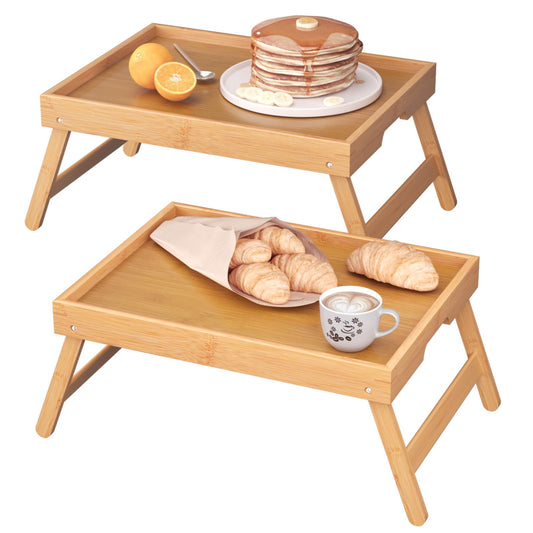 Fibogollo 2 Pack Bamboo Bed Tray Table with Folding Legs,Breakfast Trays,Serving Tray for Food and Snack,Laptop Trays for Working(Natural)