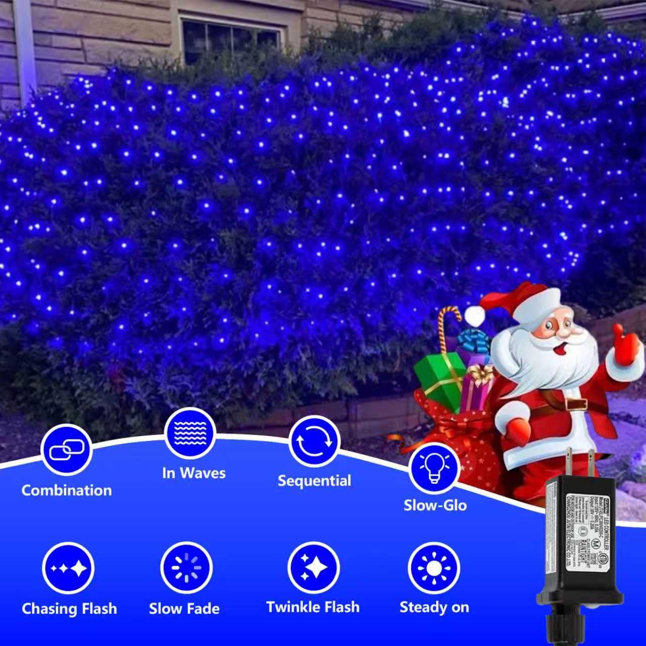 QITONG Net Lights Outdoor Mesh Lights, 12ft x 5ft 360 LED Blue Christmas Light with 8 Modes, Connectable Clear Wire Bush Light Plug in