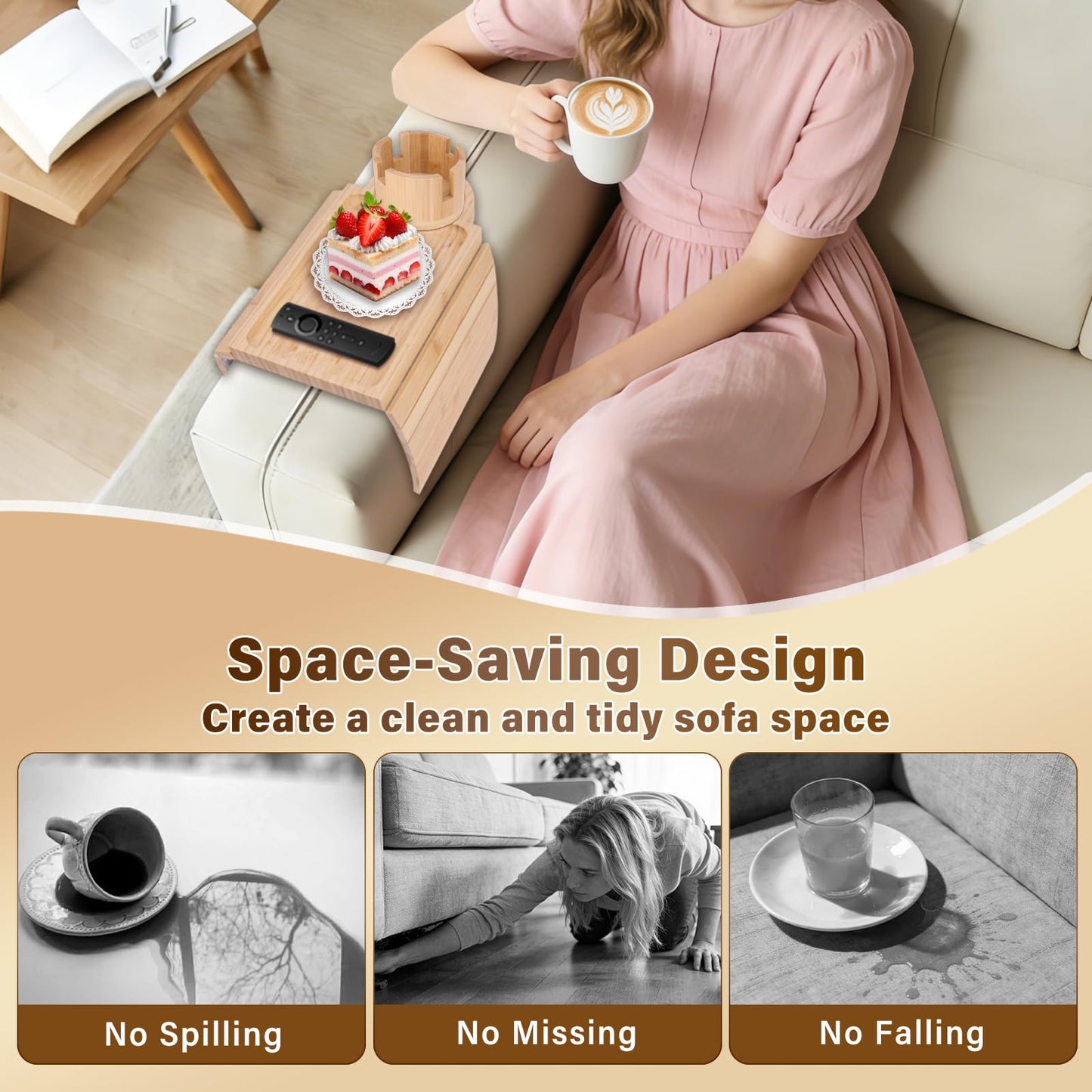 Couch Cup Holder Tray, 3-in-1 Bamboo Couch Armrest Table with 360° Rotating Magnetic and Detachable Phone Holder Stand, Foldable Anti-Slip Sofa Arm Tray for Remote, Phone, Snacks and Drinks