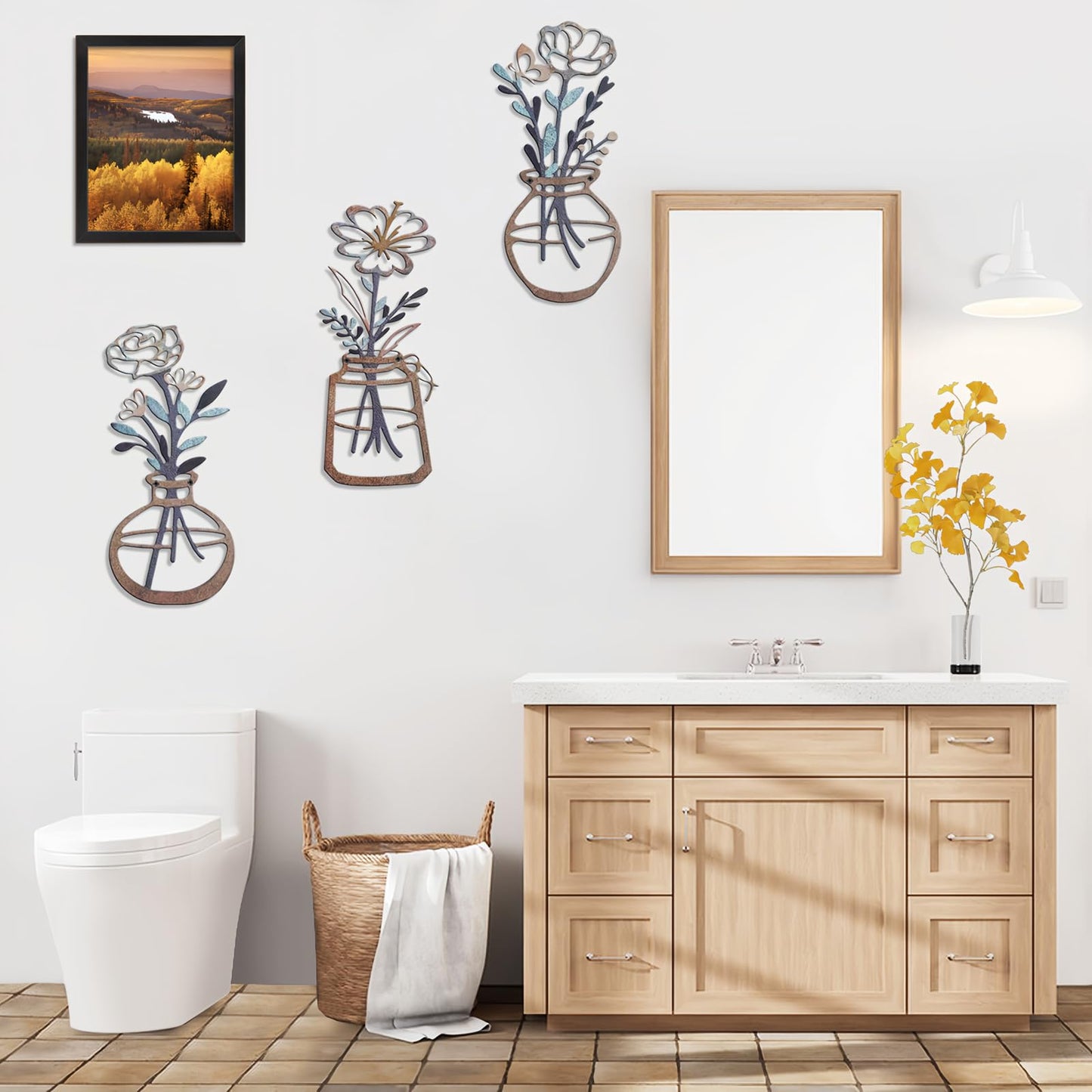 Lcaughsy Metal-Wall-Decor Living Room - 3 Pcs Metal Bathroom Wall Art Floral Vase and Picture Frame for Decoration- Hanging Display Wall Decor Art for Home Dining Room Bedroom Kitchen Farmhouse,Brown