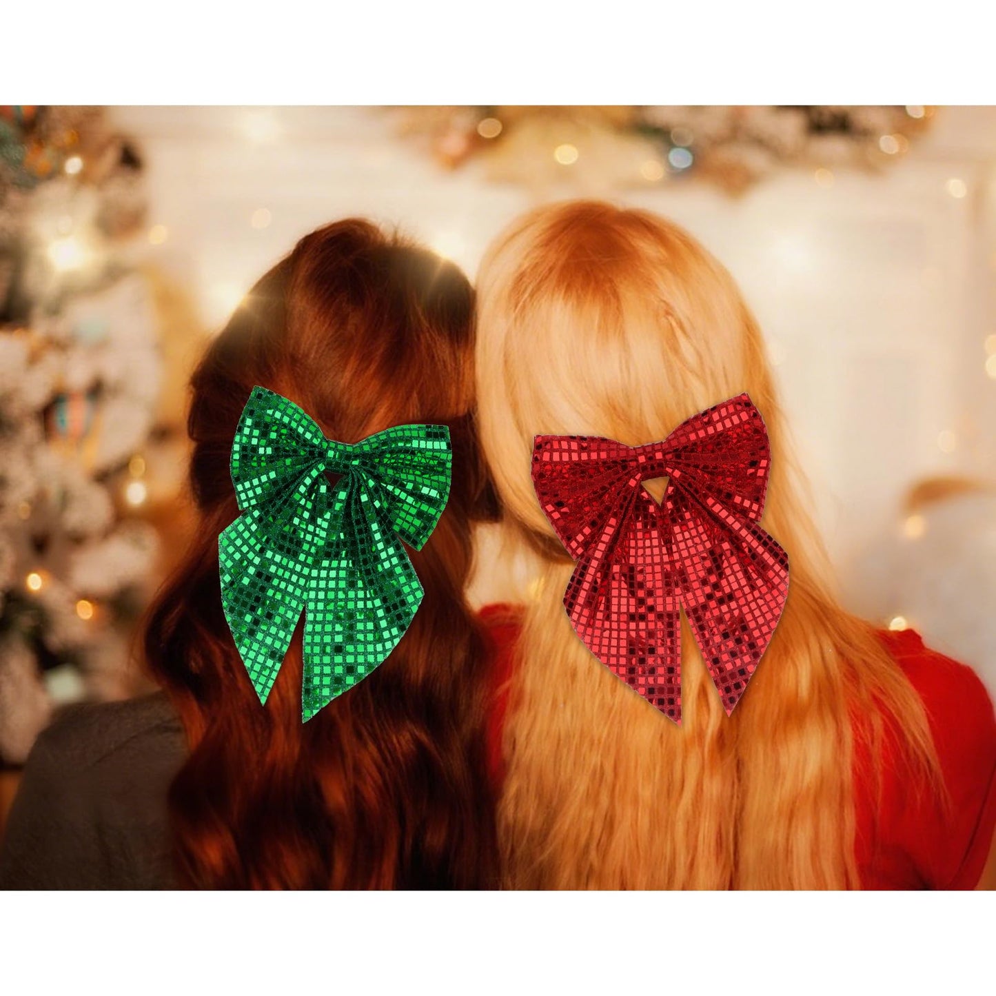 AMCAMI 2Pcs Christmas Bows Hair Clips, Glitter Sequin Bow Barrettes,Sparkly Christmas Hair Accessories Gifts Stocking Stuffers(Red & Green)
