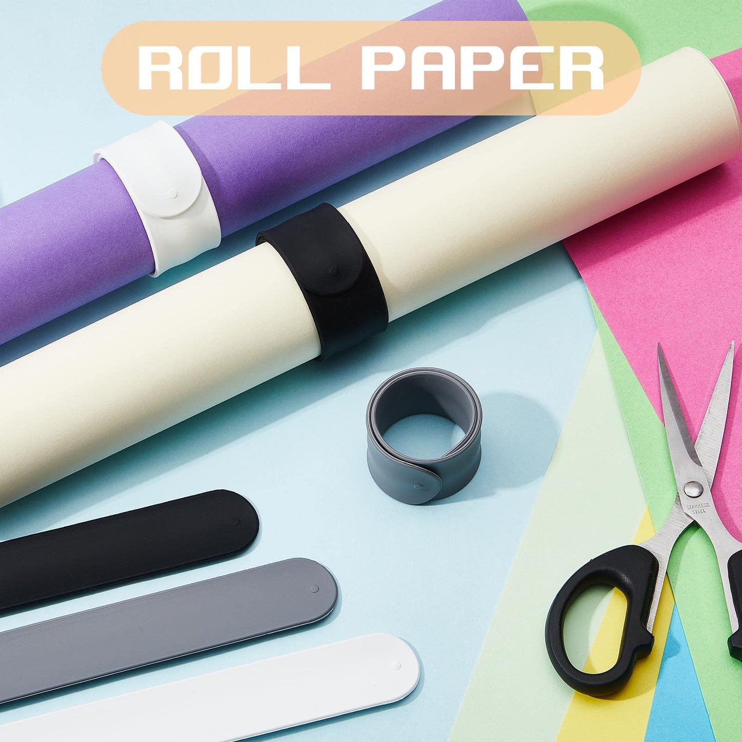 Cunhill 9 Pieces Wrapping Paper Holder Clips, Silicone Covered Metal Slap Bands Stabilizer, Paper Roll Clamps for Valentine's Day Gift Wrapping, Poster & Home Storage Organization, White Black Grey