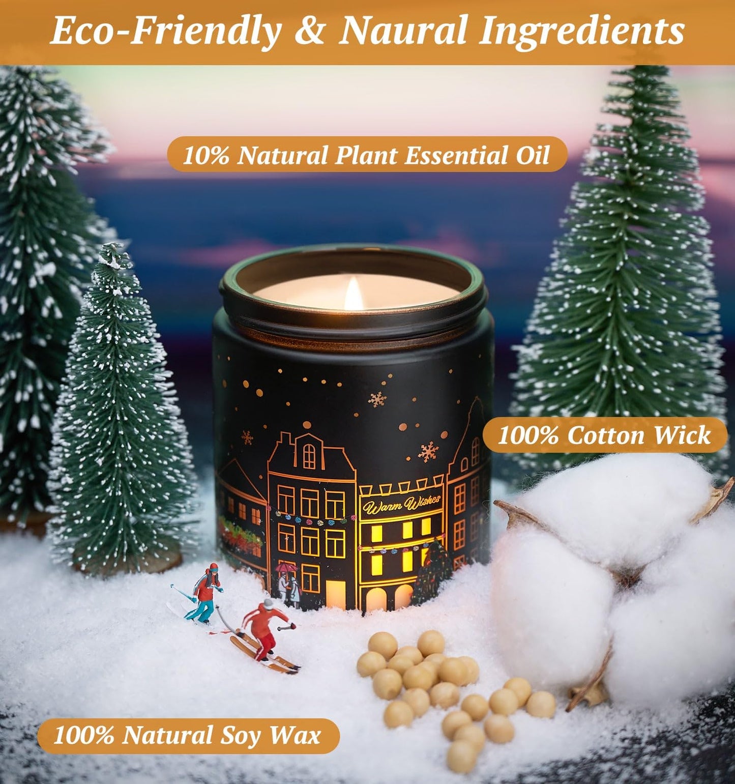 Merry Christmas Candles with Warmer LED, Christmas Decor Gifts Winter Candle with Apple Spice Scent, Apple Candles Over 40 Hours Burn Time, Home Decorations Indoor, 100% Soy Wax,Black