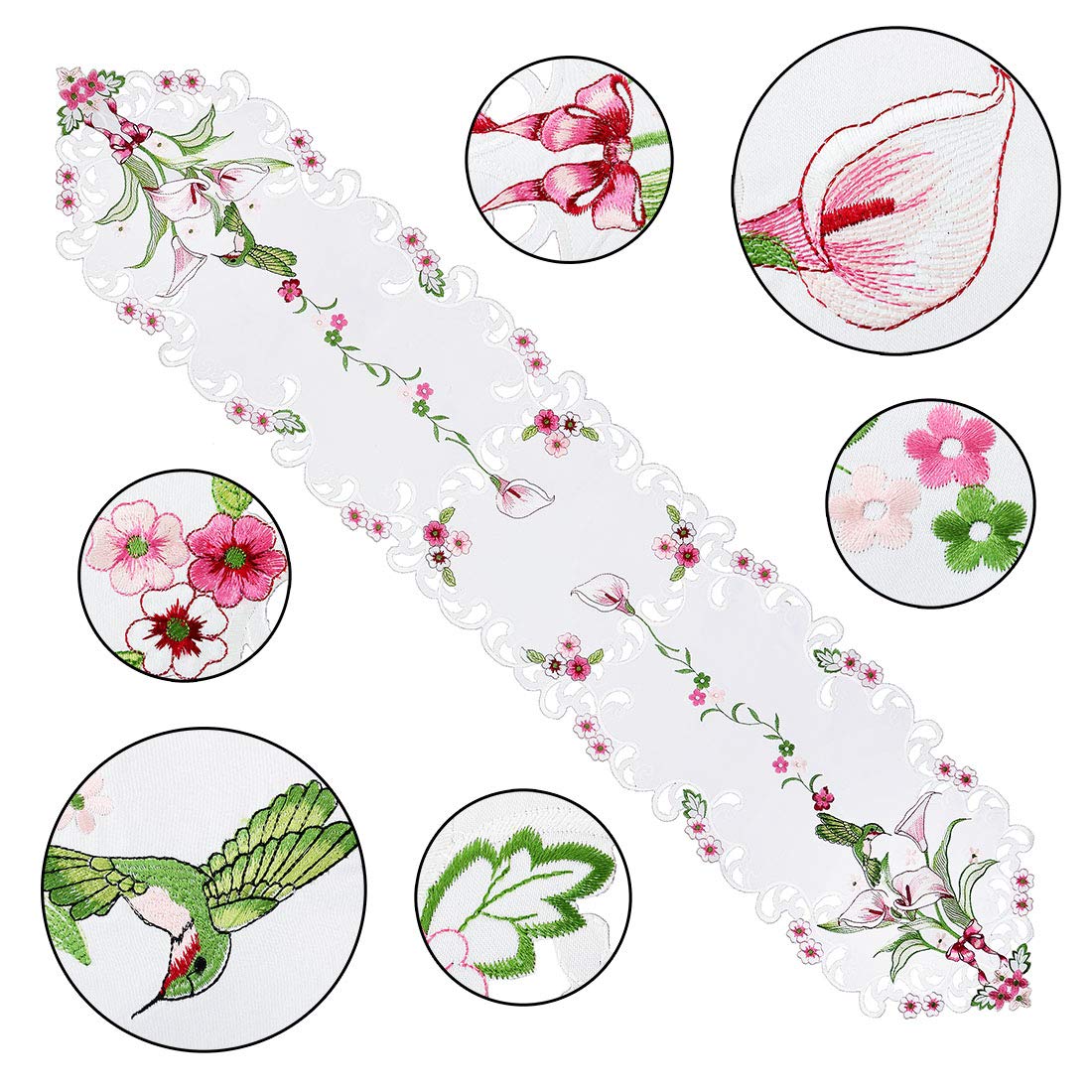 Simhomsen Embroidered Floral Table Runners for Spring and Summer, Hummingbird Flying on Calla Lily Flowers (13×88 inch)
