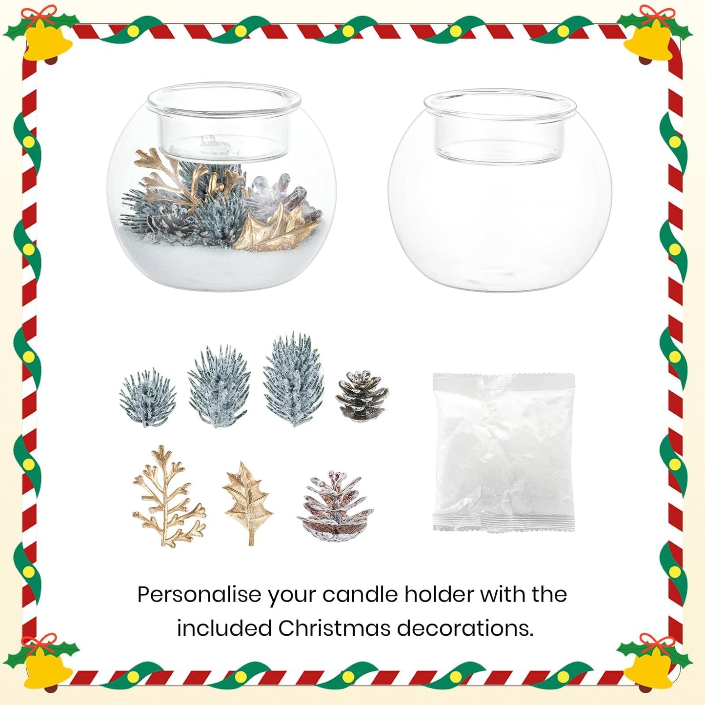 Hewory Christmas Tealight Candle Holders: Set of 6 Glass Ball Tea Light Candle Holder with Golden Leaves and Needles, Christmas Table Decorations for Dinner Centerpiece Holiday Party Fireplace Mantle
