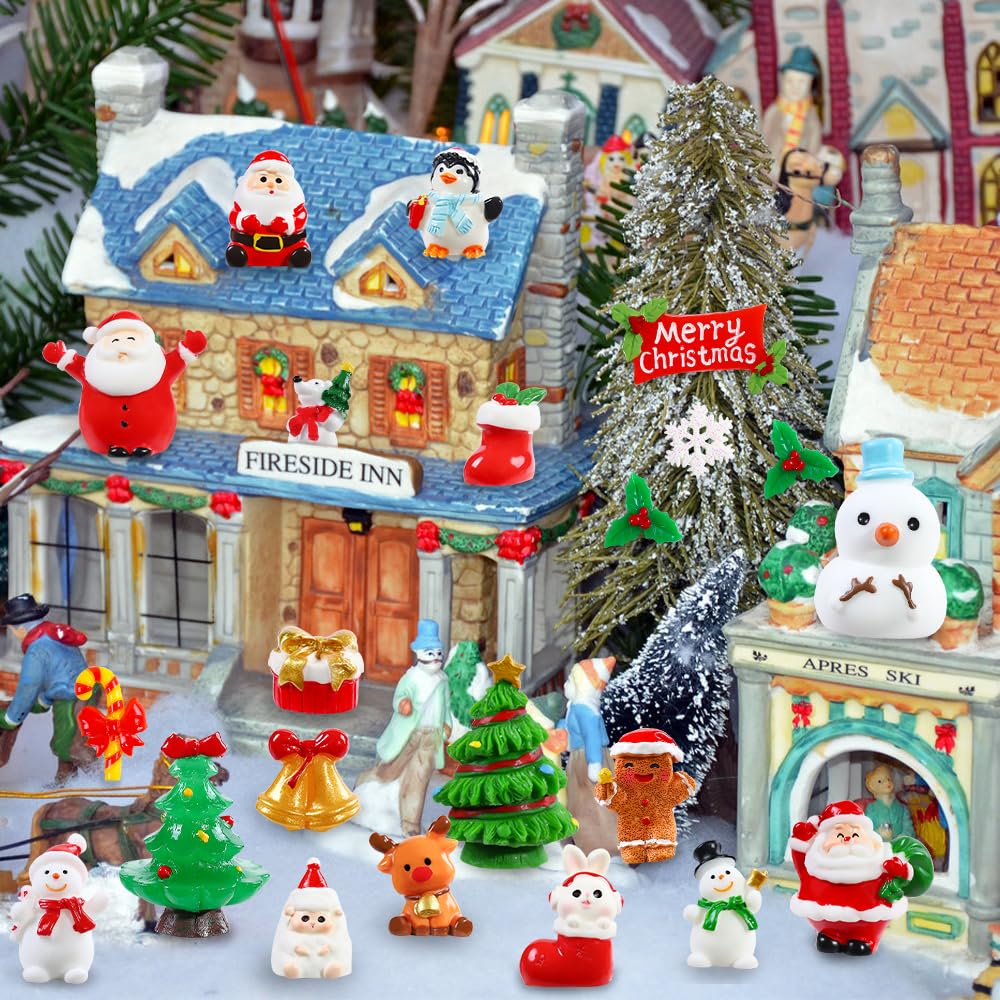 DIYDEC 32Pcs Christmas Miniature Figurines, Mini Resin Figurines to Hide Small Resin Santa Claus Snowman Xmas Trees Animals for Xmas Goodie Bag Fillers Winter New Year Holiday Party Favors Decorations