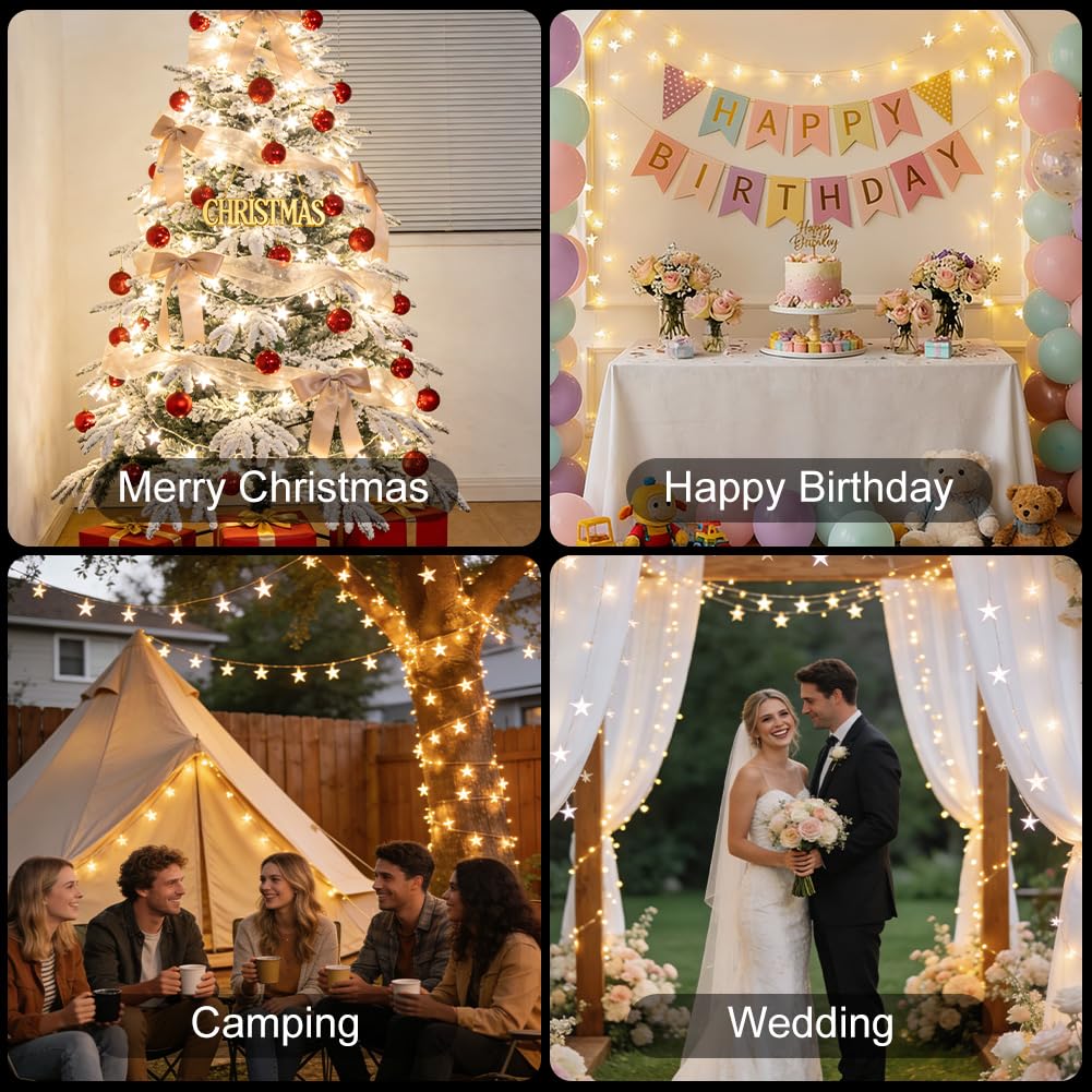 RaThun 49.2ft Warm White Star String Lights, 100 LED with 16ft Extended Lead Wire & Remote, 8 Modes, IP44 Waterproof Plug in Linkable Lights for Outdoor Indoor Party Wedding