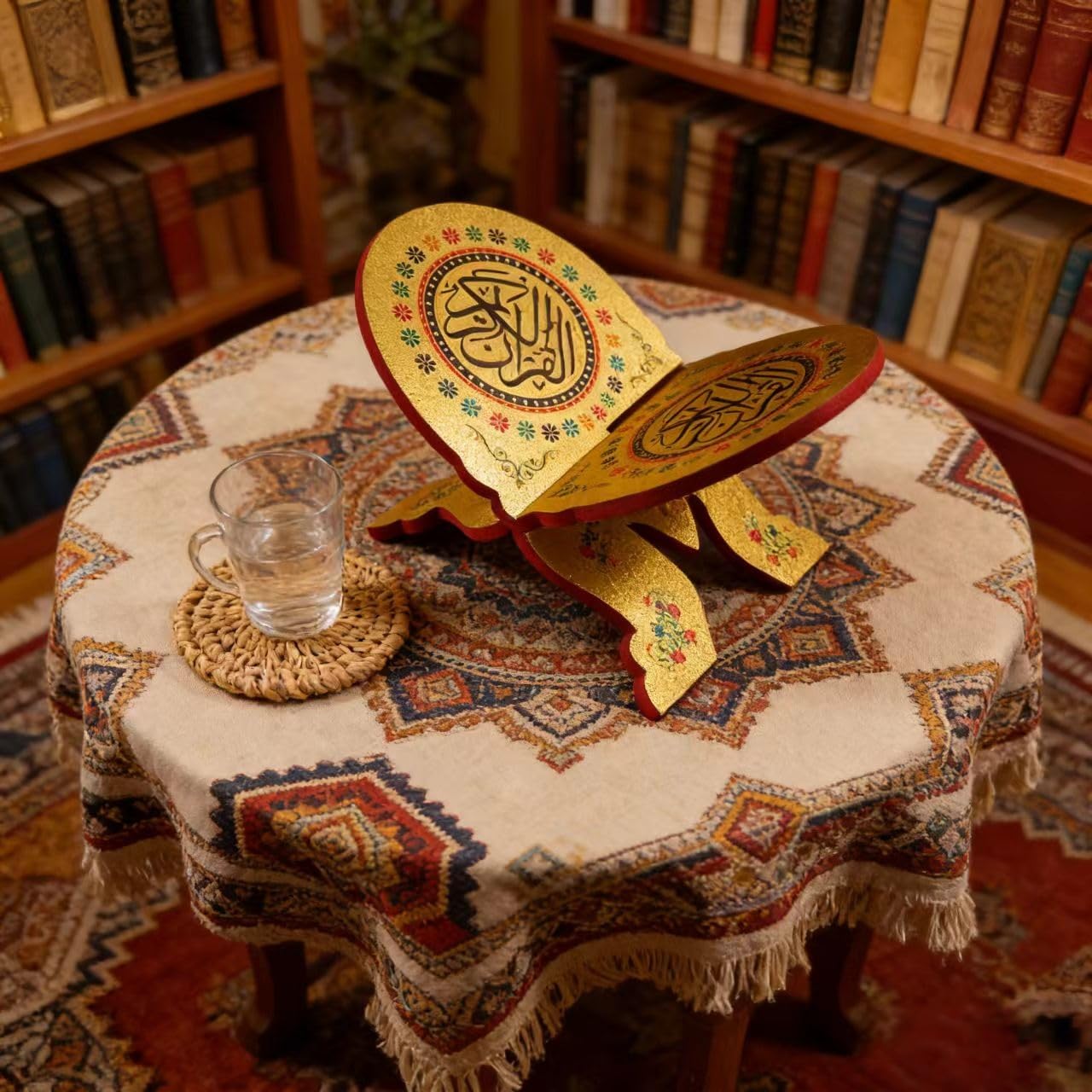 KYMY Muslim Quran Rehal Book Stand – Foldable Wooden Carved Quran Reading Holder for Al-Quran, Koran, Bible Books, Islamic Prayer Book Stand for Ramadan & Eid Decor