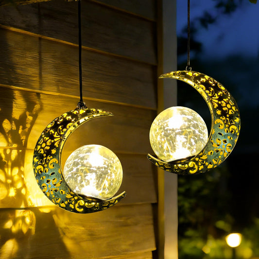 Amugmilk Hanging Solar Lights Outdoor Lanterns Garden Decorations, 2 Pack Moon Lights with Cracked Glass Globes Outside Decor for Backyard Balcony Patio Tree ,Unique Mother's Day Gifts for Women Mom