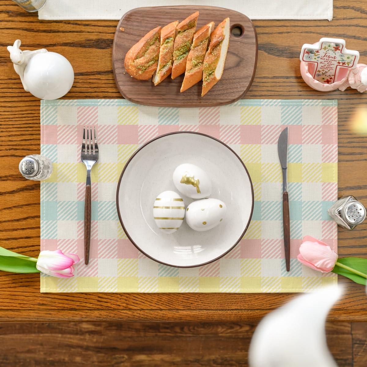 Artoid Mode Blue Pink Yellow Buffalo Plaid Placemats Set of 4, 12x18 Inch Seasonal Easter Table Mats for Party Kitchen Dining Decoration