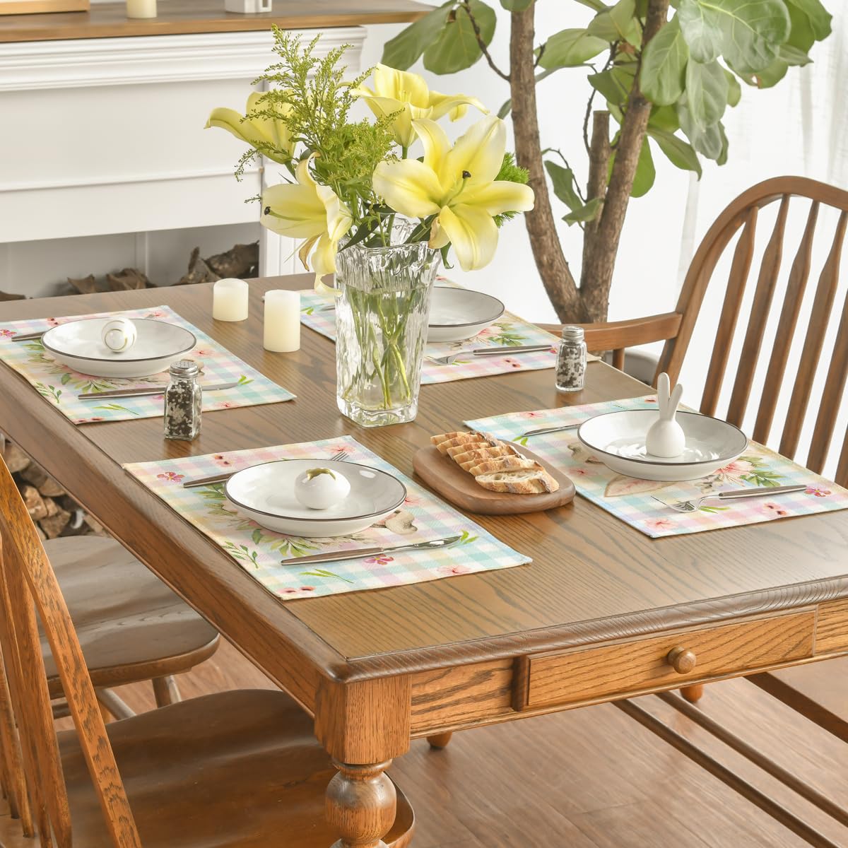 Artoid Mode Colourful Buffalo Plaid Bunny Ears Flower Easter Placemats Set of 4, 12x18 Inch Seasonal Holiday Table Mats for Party Kitchen Dining Decoration