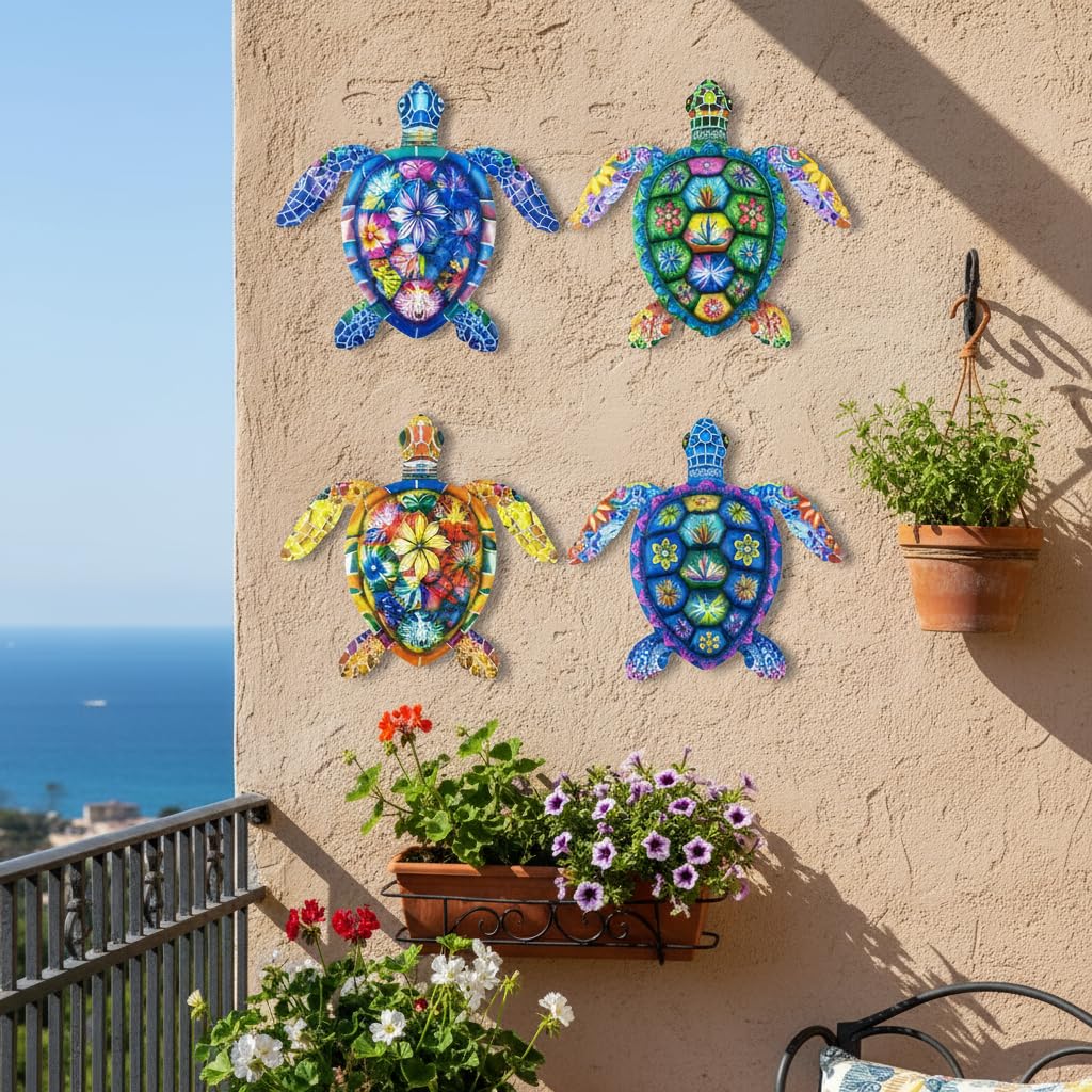Cruis Cuka Metal Wall Art Cute Turtle 2.5 D Wall Sculpture Garden Decor for Outside Fence Decorations Lawn Ornaments Patio Backyard Decor - Set of 4