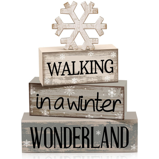 Moucuny 4 Pcs Winter Table Decorations Wooden Snowflake Decor Winter Tiered Snow Tray Decor Rustic Block Signs Gift Farmhouse Christmas Centerpiece for Wonderland Party Kitchen Shelf Home