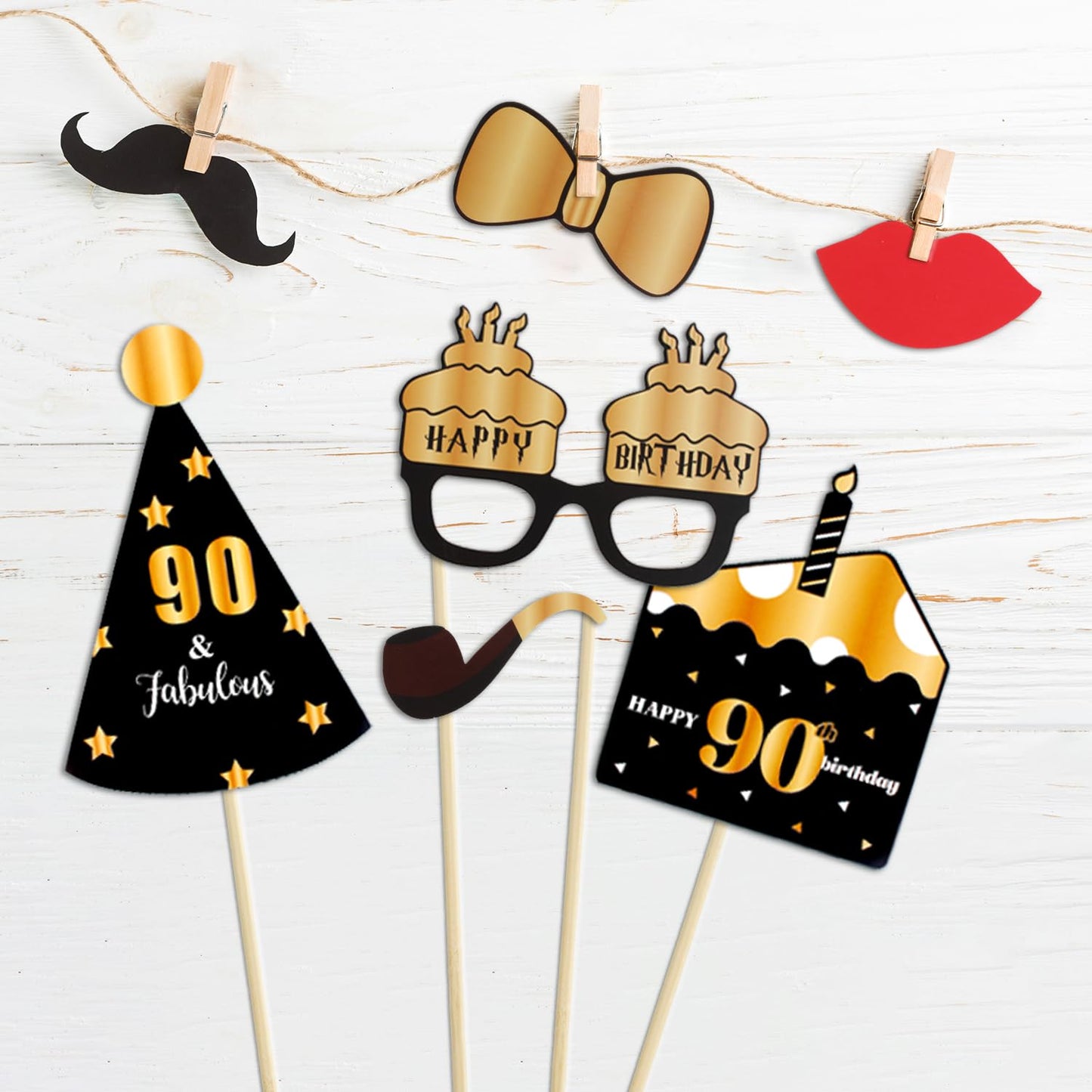 LINGTEER Happy 90th Birthday Party Photo Booth Props,Cheers to 90th Birthday Ninety Years Old Bday Party Centerpieces Props Decorations Sign.